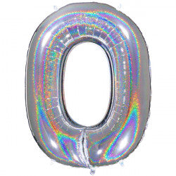 SILVER HOLOGRAPHIC FOIL NUMBER BALLOON WITH HELIUM