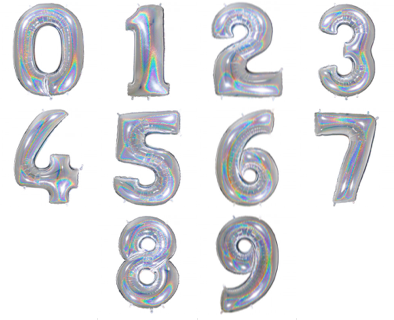 SILVER HOLOGRAPHIC FOIL NUMBER BALLOON WITH HELIUM