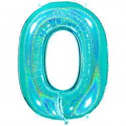 TURQUOISE HOLOGRAPHIC FOIL NUMBER BALLOON WITH HELIUM