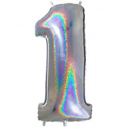 SILVER HOLOGRAPHIC FOIL NUMBER BALLOON WITH HELIUM