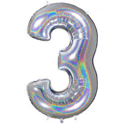 SILVER HOLOGRAPHIC FOIL NUMBER BALLOON WITH HELIUM