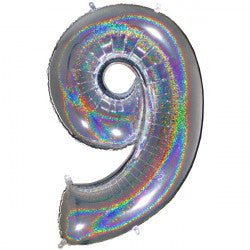SILVER HOLOGRAPHIC FOIL NUMBER BALLOON WITH HELIUM