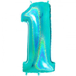 TURQUOISE HOLOGRAPHIC FOIL NUMBER BALLOON WITH HELIUM