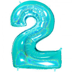 TURQUOISE HOLOGRAPHIC FOIL NUMBER BALLOON WITH HELIUM