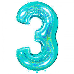 TURQUOISE HOLOGRAPHIC FOIL NUMBER BALLOON WITH HELIUM