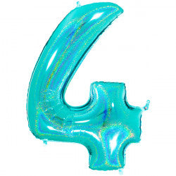 TURQUOISE HOLOGRAPHIC FOIL NUMBER BALLOON WITH HELIUM