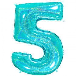 TURQUOISE HOLOGRAPHIC FOIL NUMBER BALLOON WITH HELIUM