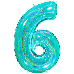 TURQUOISE HOLOGRAPHIC FOIL NUMBER BALLOON WITH HELIUM