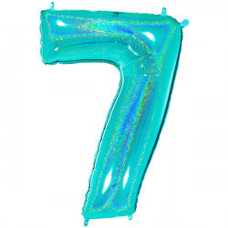 TURQUOISE HOLOGRAPHIC FOIL NUMBER BALLOON WITH HELIUM