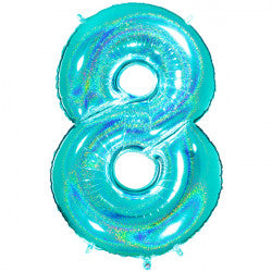 TURQUOISE HOLOGRAPHIC FOIL NUMBER BALLOON WITH HELIUM